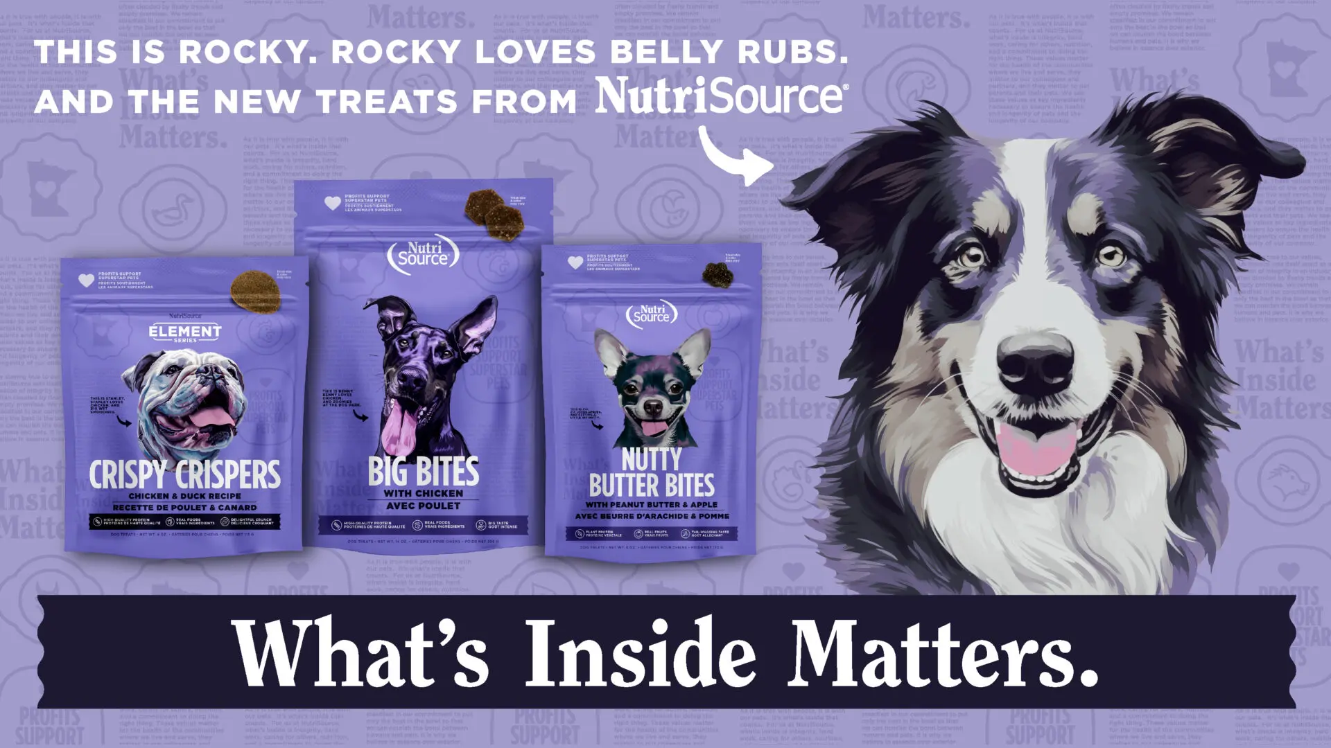 THIS IS ROCKY. ROCKY LOVES BELLY RUBS. AND THE NEW TREATS FROM NUTRISOURCE - What's Inside Matters.