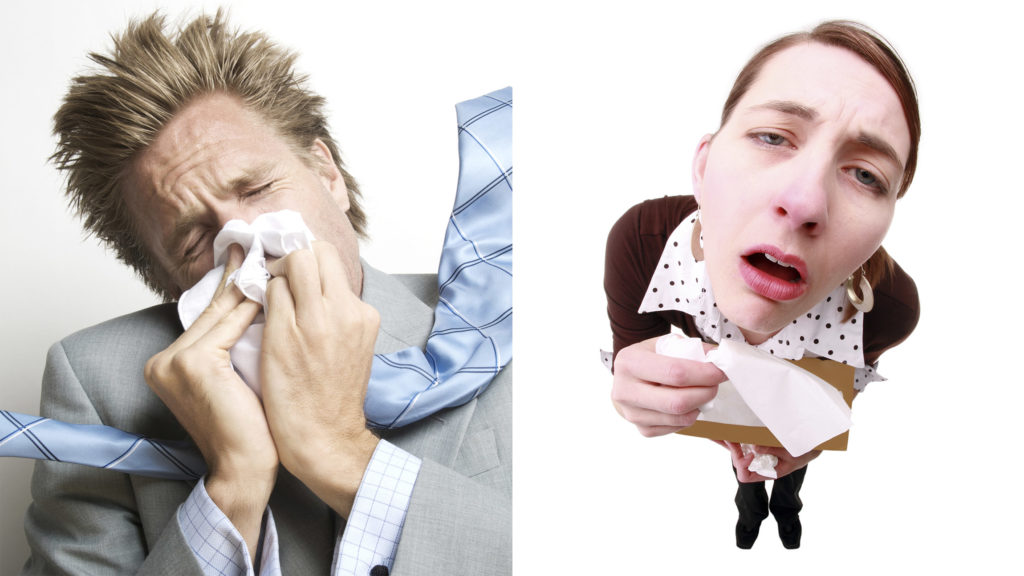 Businessman Blowing His Nose Forcefully AND Woman Holding Tissues Looking IIll