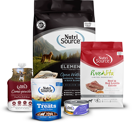 product group: Element Series Open Waters, PureVita Beef & Red Lentils Entree, Come-pooch-a Beef Bone Broth, NutriSource Soft & Chewy Chicken Treats,  NutriSource Canned Small & Medium Breed Puppy